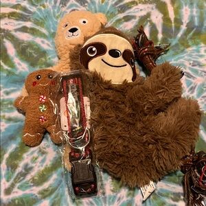 Plush Sloth Dog Toy with collar and Gingerbread Friend